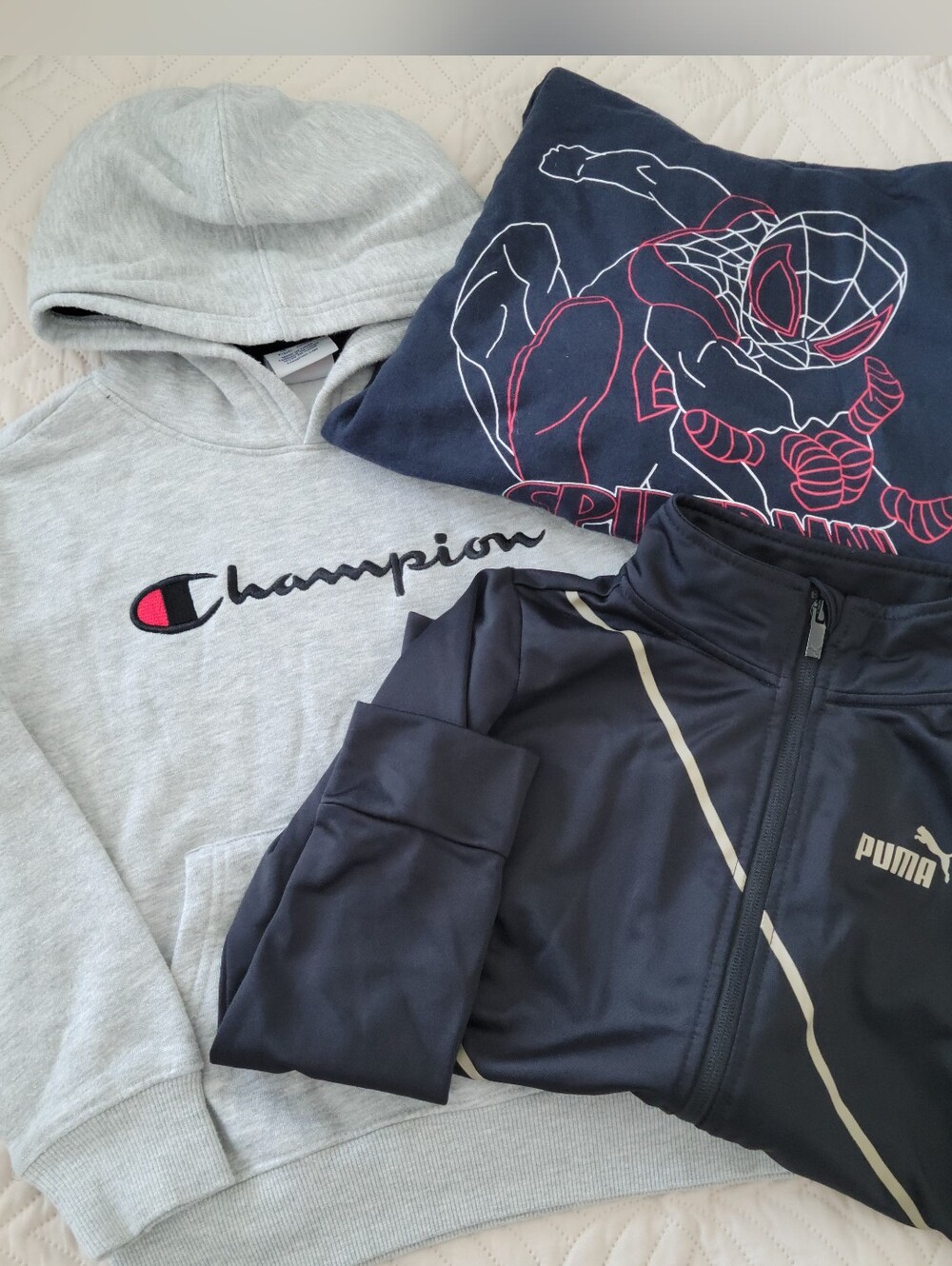 Boys 6 Bundle Champion Light Gray Hoodie with Puma Athletic & Spider-Man Hoodie